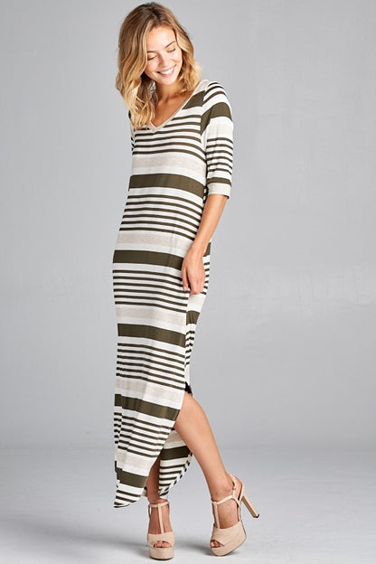 ENGINEERING STRIPE SIDE POCKET V NECK MAXI DRESS