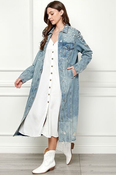 Distressed Raw Hem Pearl Detail Button Up Jacket