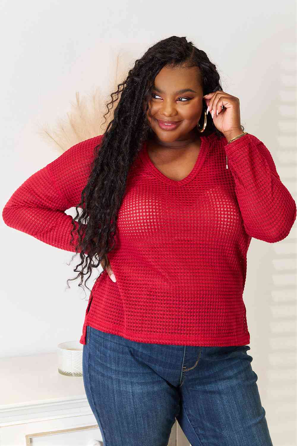 Wide Notch Relax Top Waffle-knit