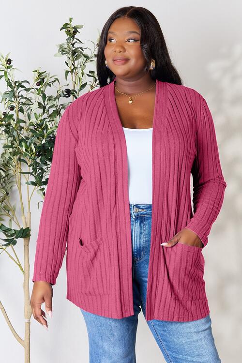 Ribbed Open Front Cardigan with Pockets