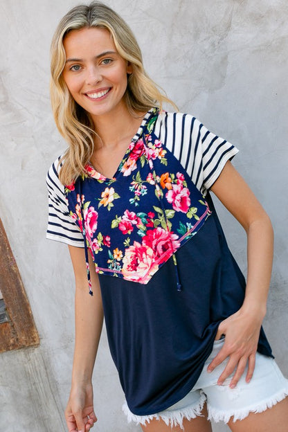 PLUS FLORAL SHORT SLEEVE HOODIE TOP