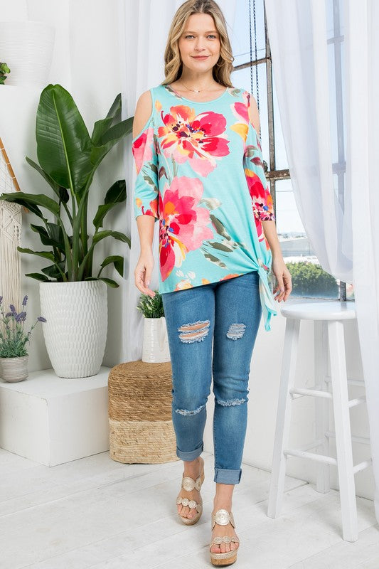 PLUS FLORAL COLD SHOULDER TOP