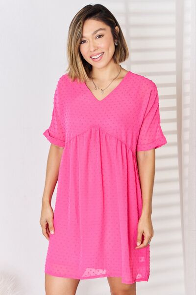 Swiss Dot Rolled Short Sleeve Babydoll Dress