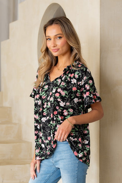 Floral Tie Neck Short Sleeve Blouse