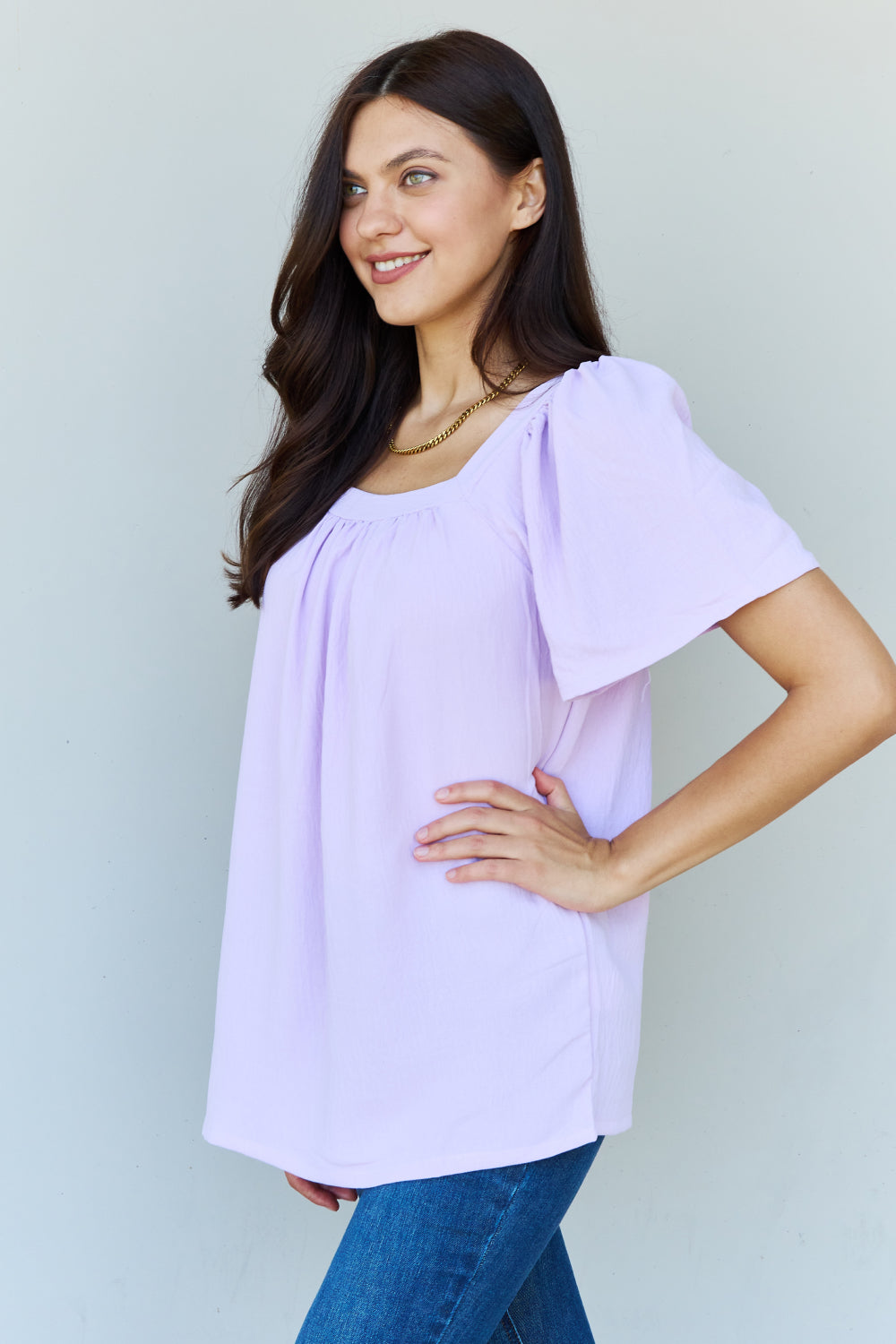 Keep Me Close Square Neck Short Sleeve Blouse in Lavender