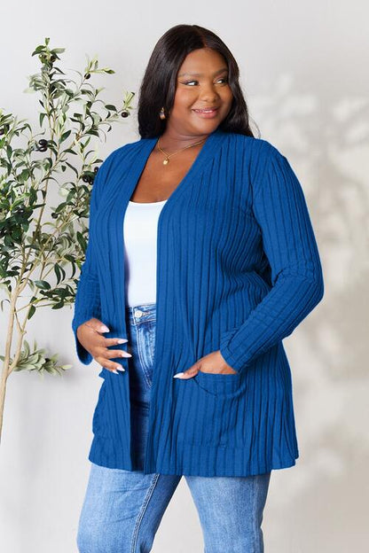 Ribbed Open Front Cardigan with Pockets