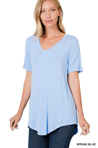 LUXE RAYON SHORT SLEEVE V-NECK HI-LOW HEM TOP