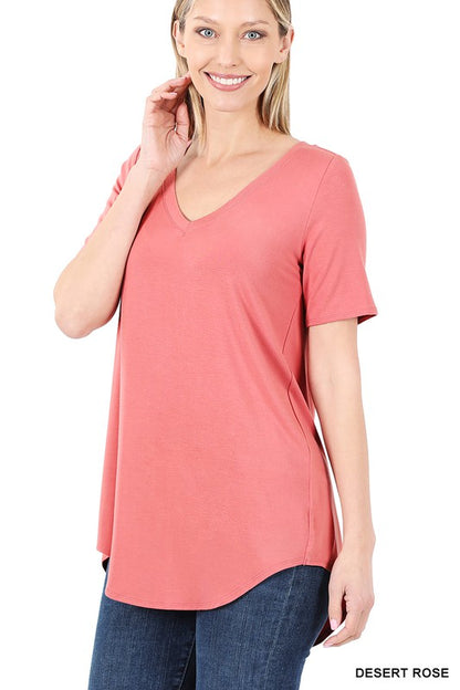 LUXE RAYON SHORT SLEEVE V-NECK HI-LOW HEM TOP