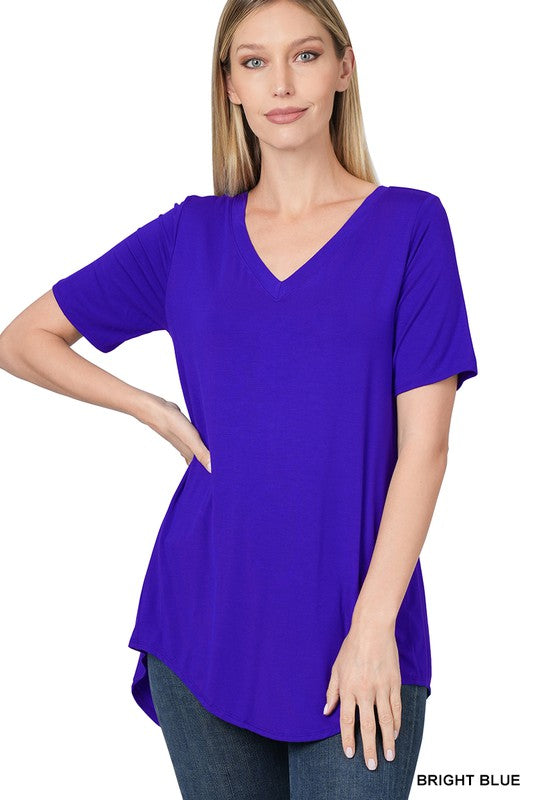 LUXE RAYON SHORT SLEEVE V-NECK HI-LOW HEM TOP