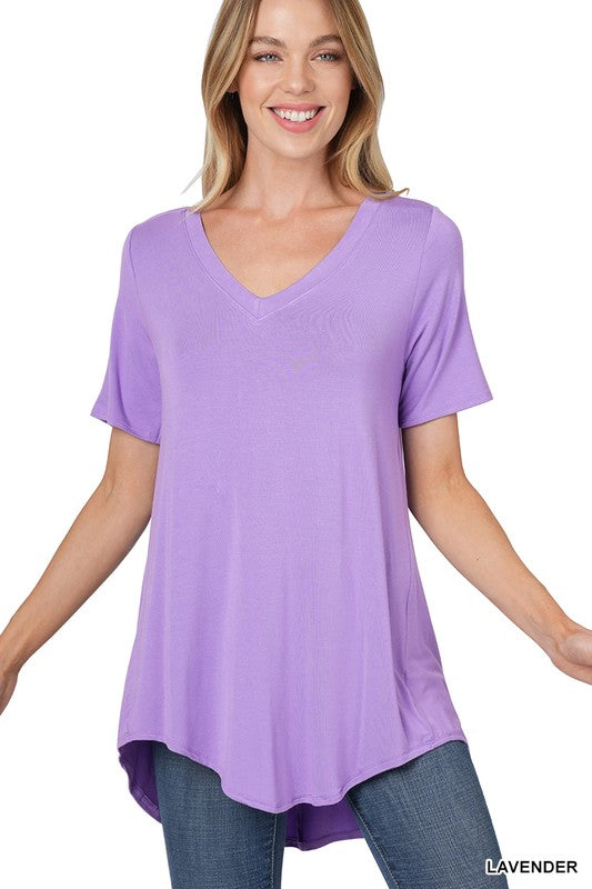 LUXE RAYON SHORT SLEEVE V-NECK HI-LOW HEM TOP