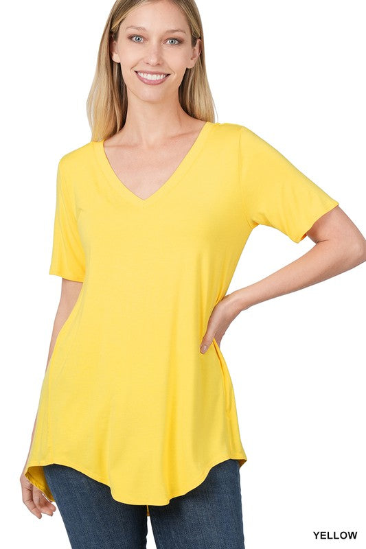 LUXE RAYON SHORT SLEEVE V-NECK HI-LOW HEM TOP