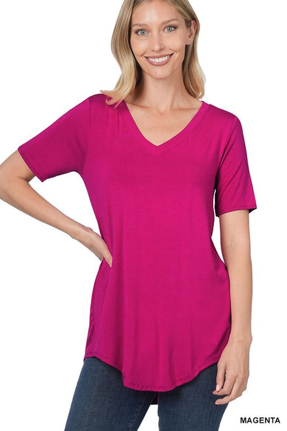 LUXE RAYON SHORT SLEEVE V-NECK HI-LOW HEM TOP