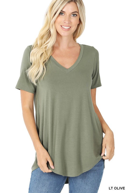 LUXE RAYON SHORT SLEEVE V-NECK HI-LOW HEM TOP