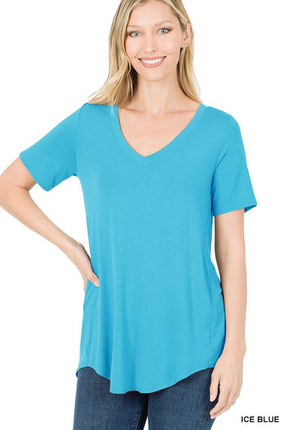 LUXE RAYON SHORT SLEEVE V-NECK HI-LOW HEM TOP