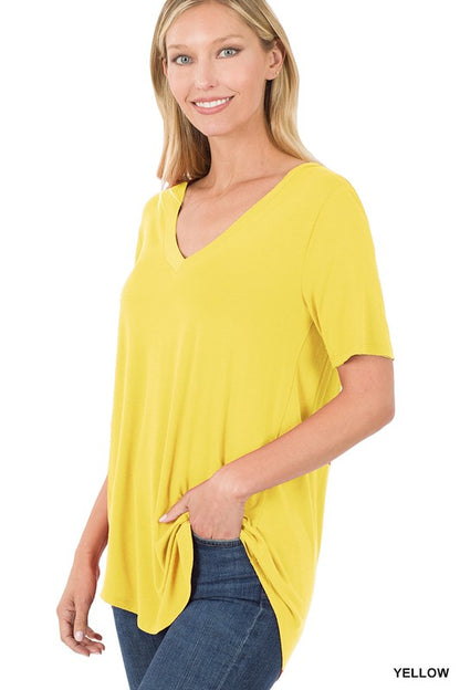 LUXE RAYON SHORT SLEEVE V-NECK HI-LOW HEM TOP