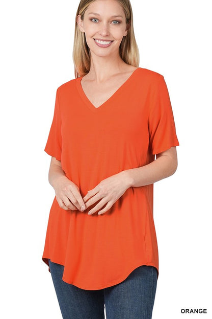 LUXE RAYON SHORT SLEEVE V-NECK HI-LOW HEM TOP