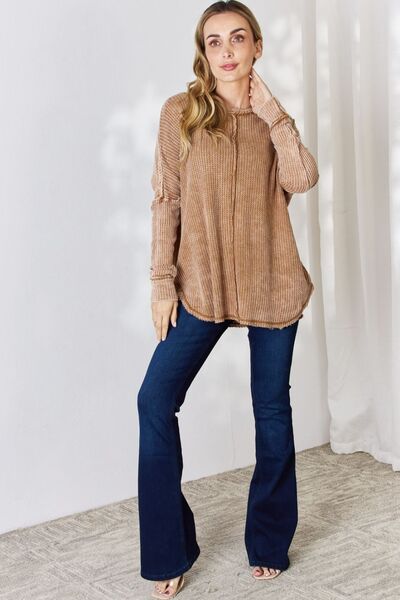 Oversized Washed Waffle Long Sleeve Top