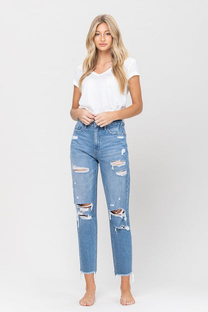 VERVET BY FLYING MONKEY DISTRESSED RAW HEM MOM JEANS