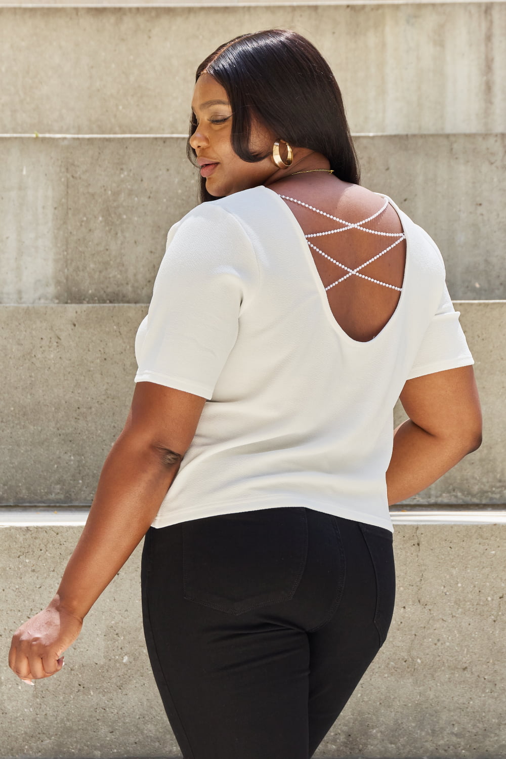 Pearly White Criss Cross Pearl Detail Open Back T-Shirt