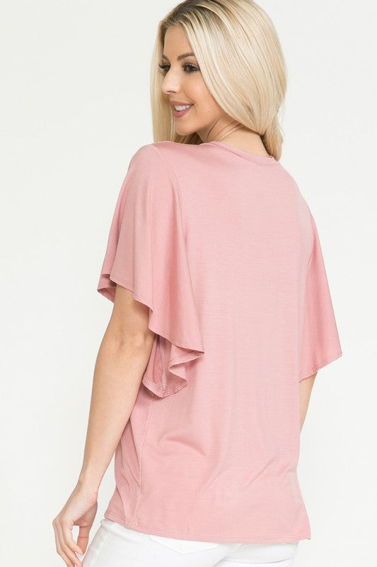 Plus Solid Short Butterfly Sleeve Round Neck Top