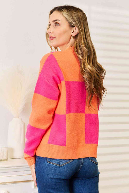 Checkered V-Neck Dropped Shoulder Cardigan