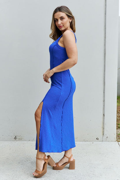 Look At Me Notch Neck Maxi Dress with Slit in Cobalt Blue