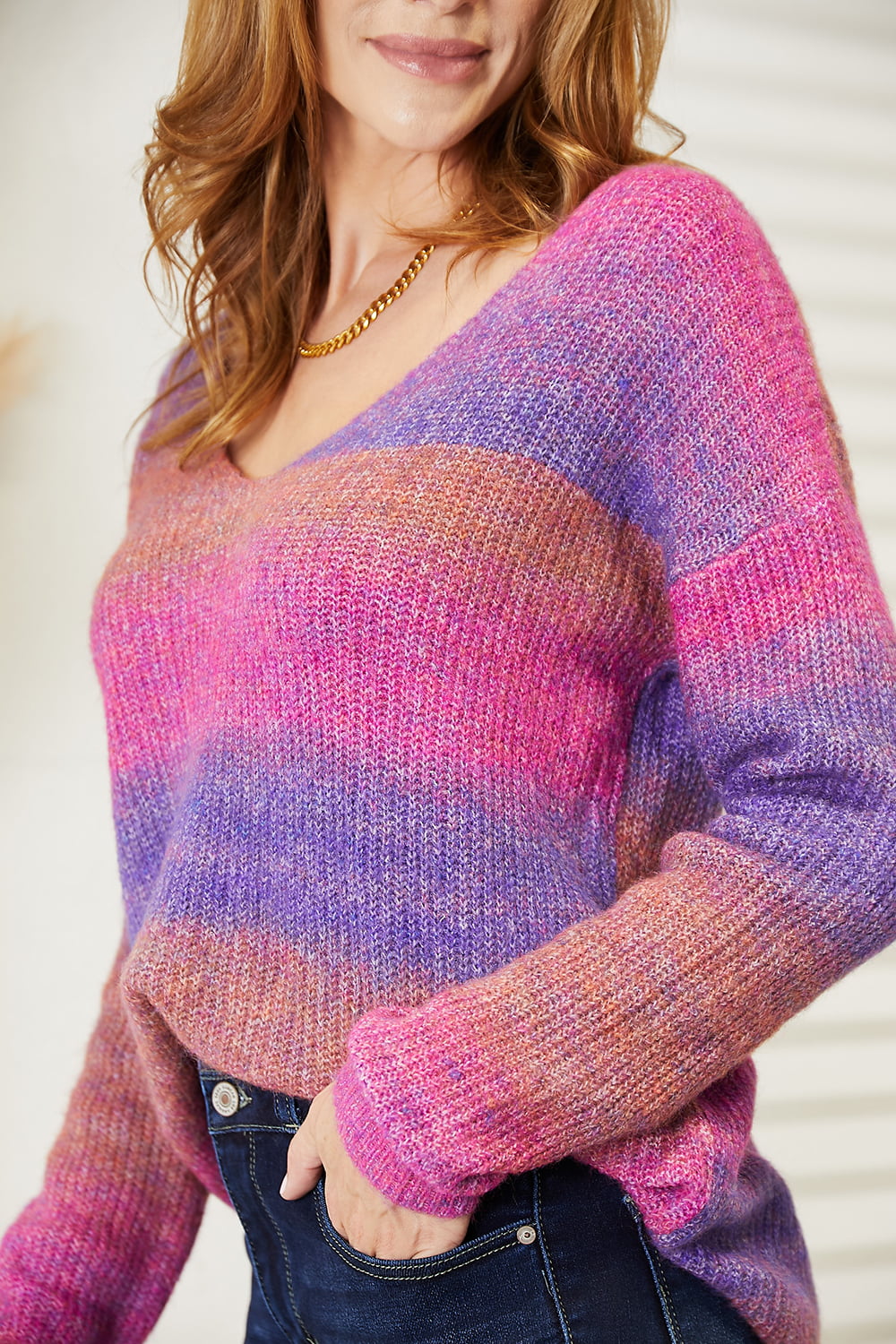 Multicolored Rib-Knit V-Neck Knit Pullover Sweater