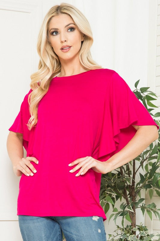 Plus Solid Short Butterfly Sleeve Round Neck Top