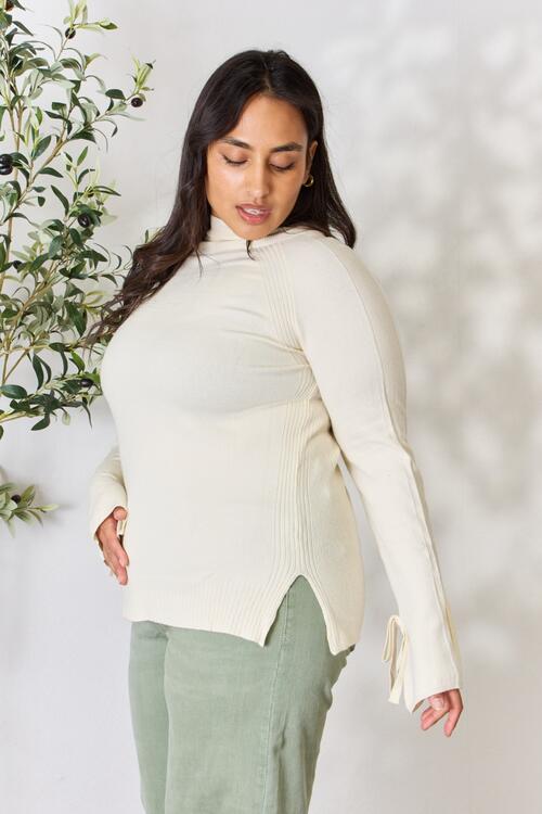 Ribbed Bow Detail Long Sleeve Turtleneck Knit Top