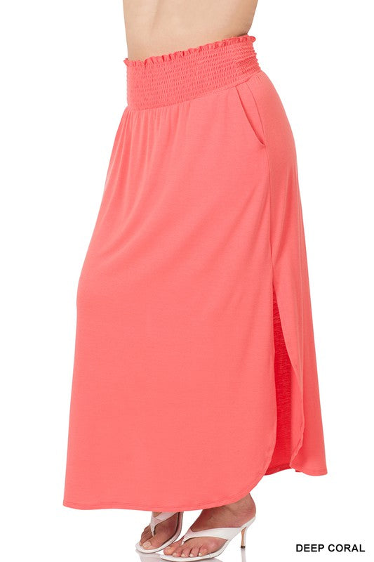 PLUS SMOCKED WAIST SIDE SLIT MAXI SKIRT