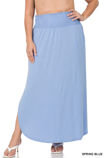 PLUS SMOCKED WAIST SIDE SLIT MAXI SKIRT