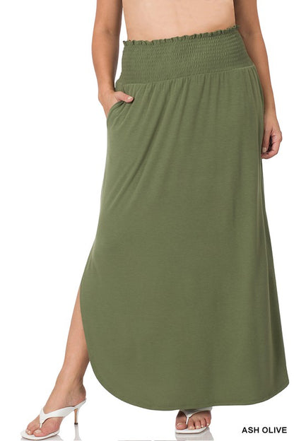 PLUS SMOCKED WAIST SIDE SLIT MAXI SKIRT