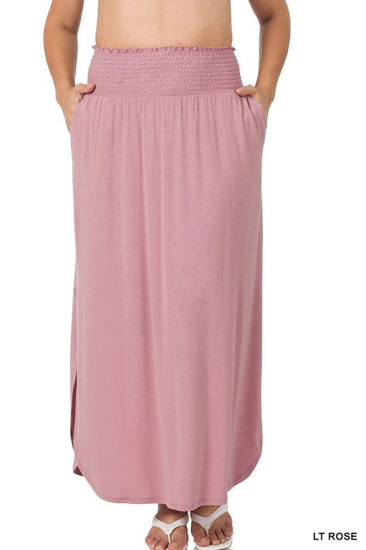 PLUS SMOCKED WAIST SIDE SLIT MAXI SKIRT