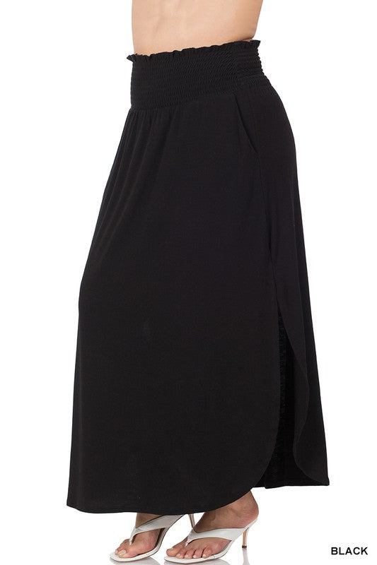 PLUS SMOCKED WAIST SIDE SLIT MAXI SKIRT