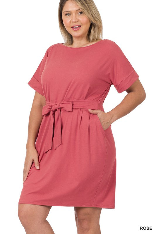 PLUS BRUSHED DTY TIE-BELT DRESS