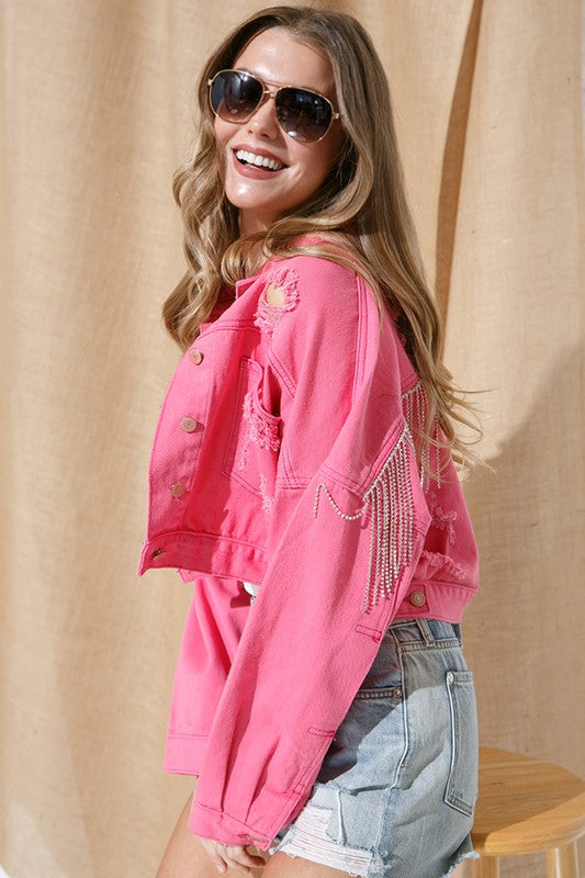 RHINESTONE FRINGE DISTRESSED DENIM JACKET