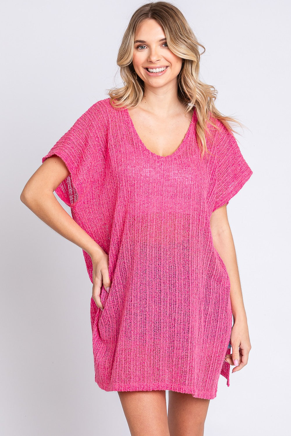 Short Sleeve Side Slit Knit Cover Up Dress