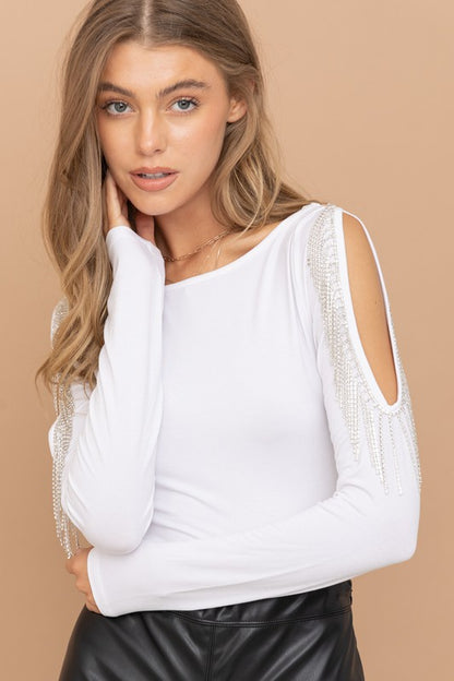 Cold Shoulder Rhinestone Fringe Bodysuit