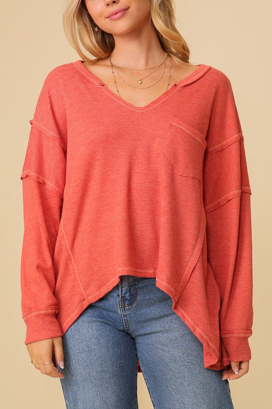 thermal high low vneck oversized  top