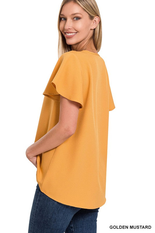 WOVEN FLUTTER SLEEVE V-NECK TOP