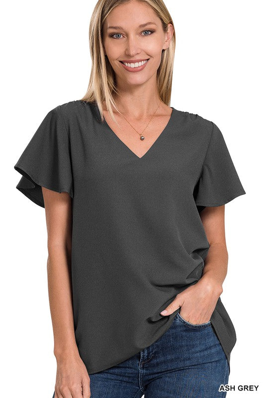 WOVEN FLUTTER SLEEVE V-NECK TOP