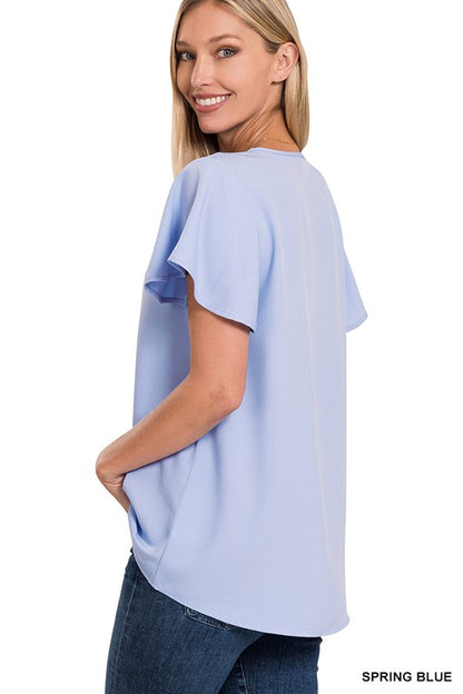 WOVEN FLUTTER SLEEVE V-NECK TOP