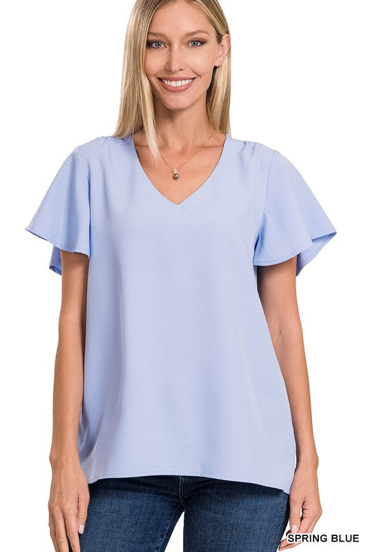 WOVEN FLUTTER SLEEVE V-NECK TOP