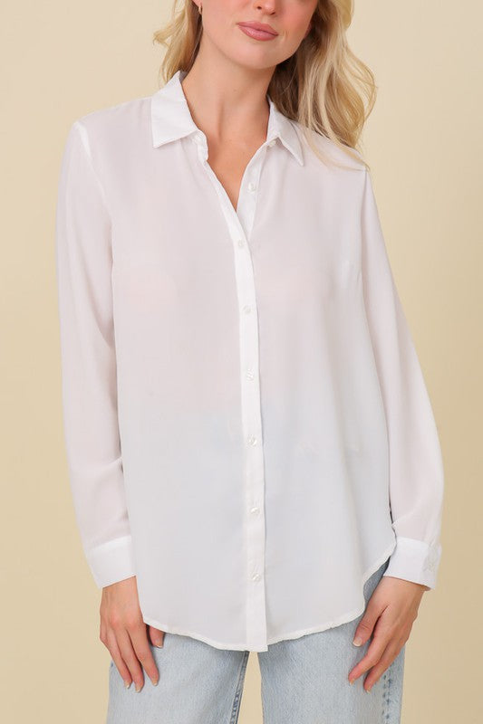 OVERSIZED LONG SLEEVE BUTTON DOWN CHIFFON BLOUSE