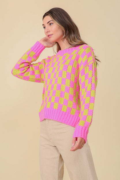 LONG SLEEVE CHECKERBOARD PULLOVER SWEATER