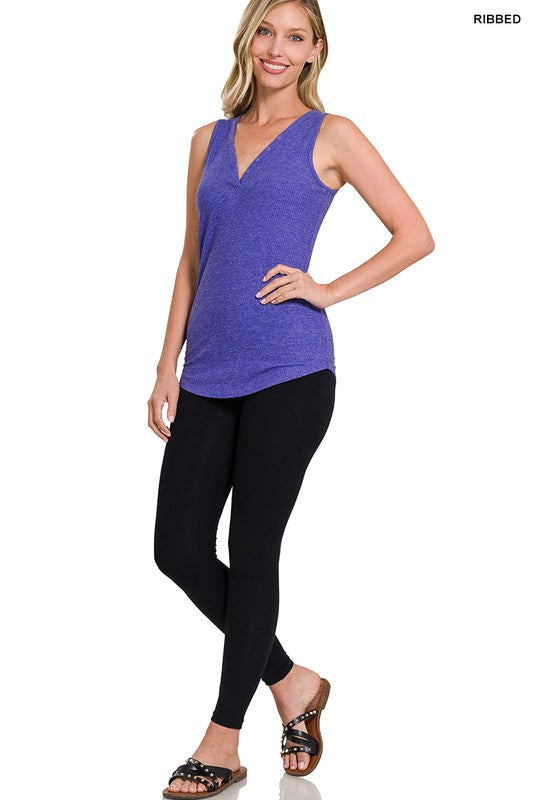 MELANGE RIBBED BUTTON CLOSURE V-NECK TOP