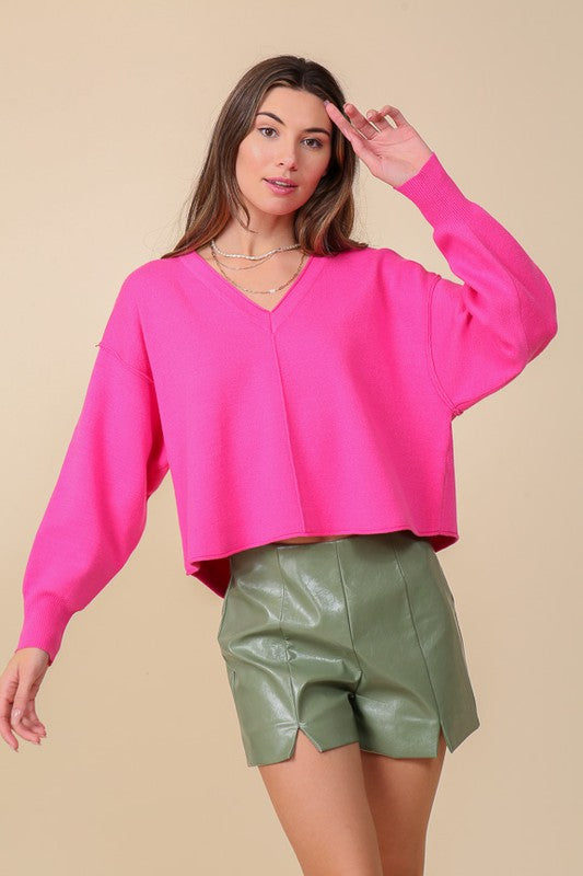 SOLID DROP SHOULDER V NECK TOP