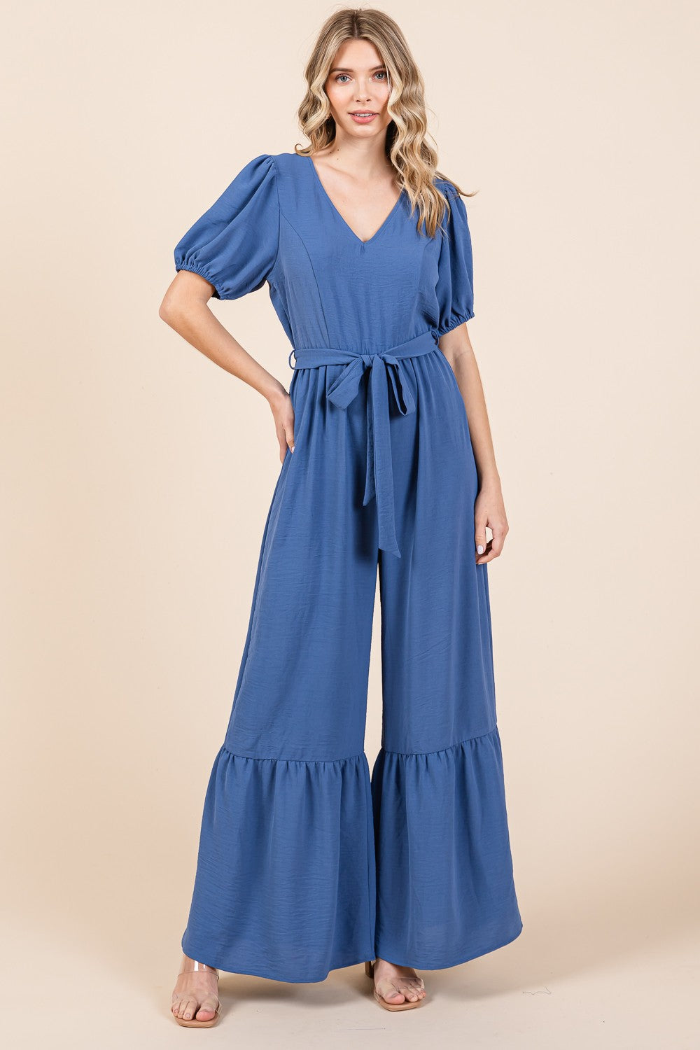 V-Neck Belted Wide Leg Jumpsuit