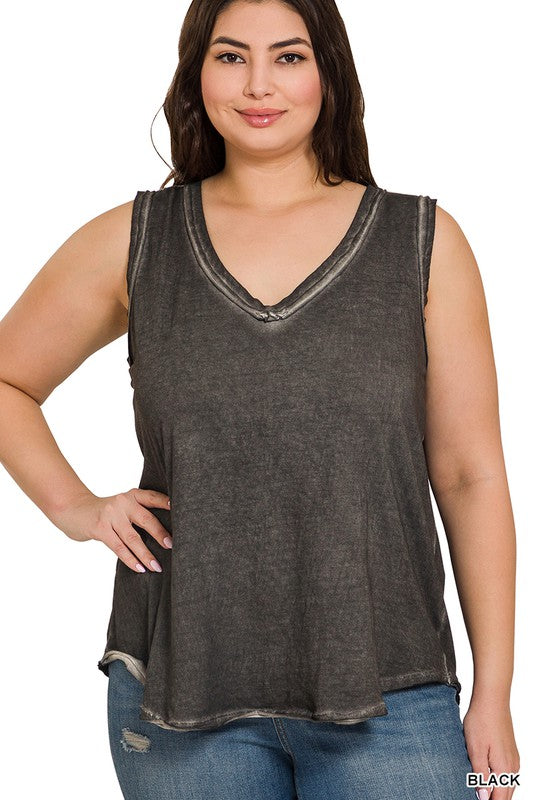 PLUS WASHED RAW EDGE V-NECK TANK TOP