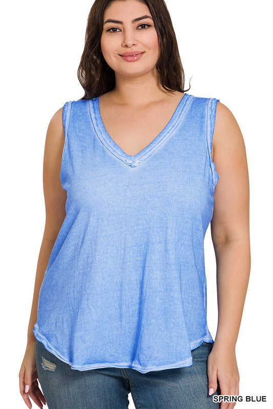 PLUS WASHED RAW EDGE V-NECK TANK TOP